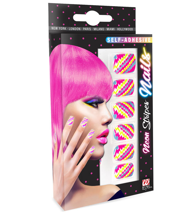 Set aus 12 selbstklebenden Neon Fingernägeln mit bunten Streifen