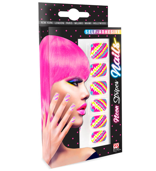 Set von 12 SELBSTKLEBENDEN FINGERNÄGELN - NEON STIPES Neon - Pink