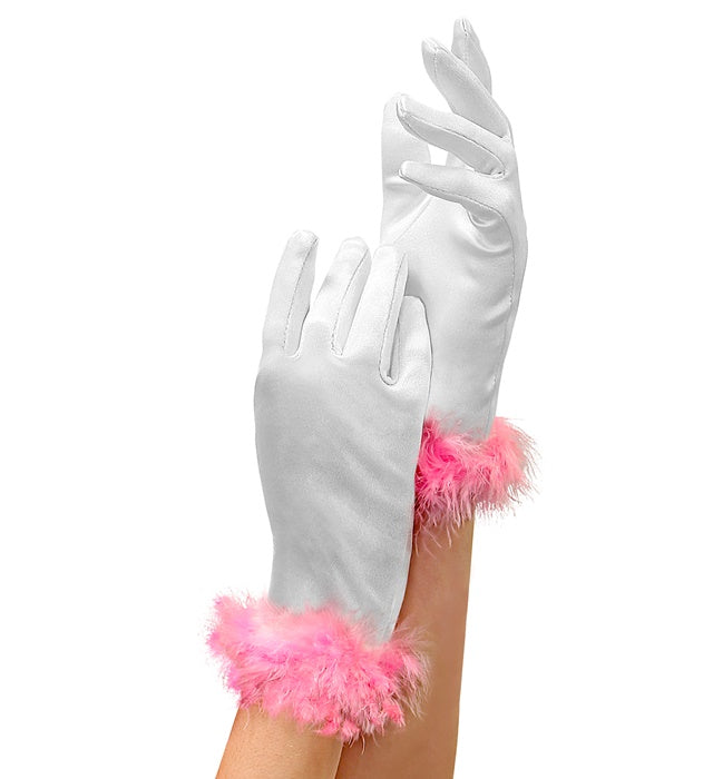 Kinder Satin Handschuhe mit weißer Marabou-Verzierung am Handgelenk