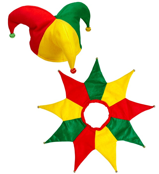 Buntes Hofnarren-Set mit Glockenmütze und farbigem Kragen für Fasnacht
