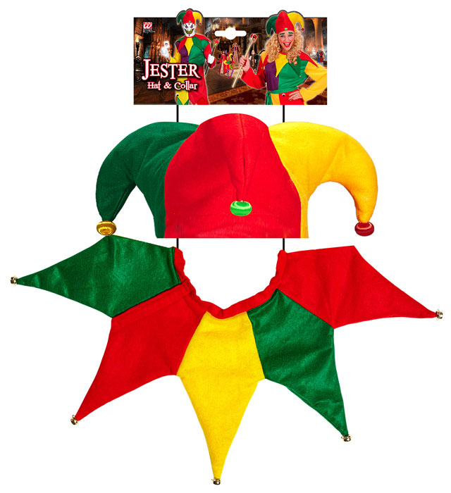 Buntes Hofnarren-Set mit Glockenmütze und farbigem Kragen für Fasnacht