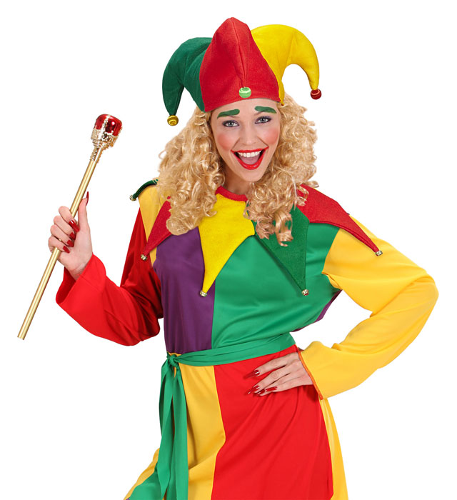 Buntes Hofnarren-Set mit Glockenmütze und farbigem Kragen für Fasnacht