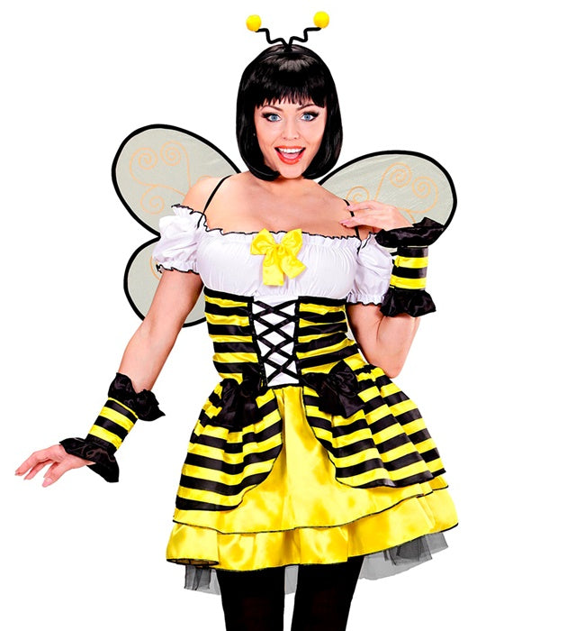 Bienen-Kostüm mit gelb-schwarzem Kleid, Flügeln und Antennen