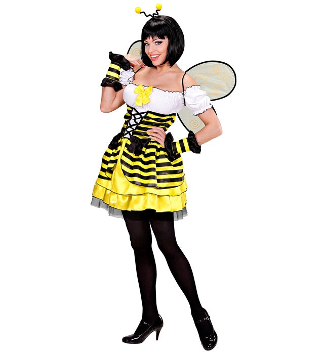 Bienen-Kostüm mit gelb-schwarzem Kleid, Flügeln und Antennen