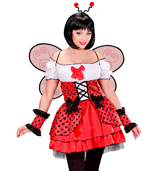 Marienkäfer-Kostüm bestehend aus rotem Kleid mit schwarzen Punkten, Flügeln, Armstulpen und Antennen
