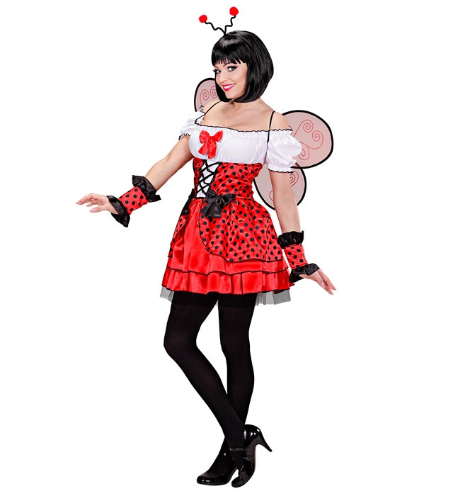 Marienkäfer-Kostüm bestehend aus rotem Kleid mit schwarzen Punkten, Flügeln, Armstulpen und Antennen