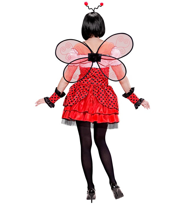 Marienkäfer-Kostüm bestehend aus rotem Kleid mit schwarzen Punkten, Flügeln, Armstulpen und Antennen