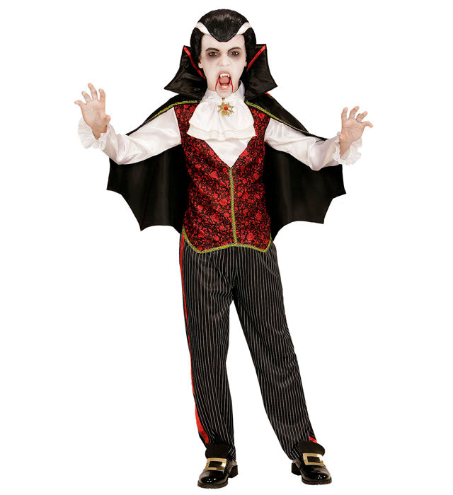 Vampir-Kostüm mit schwarzer Hose, Hemd, Weste und Umhang mit Jabot