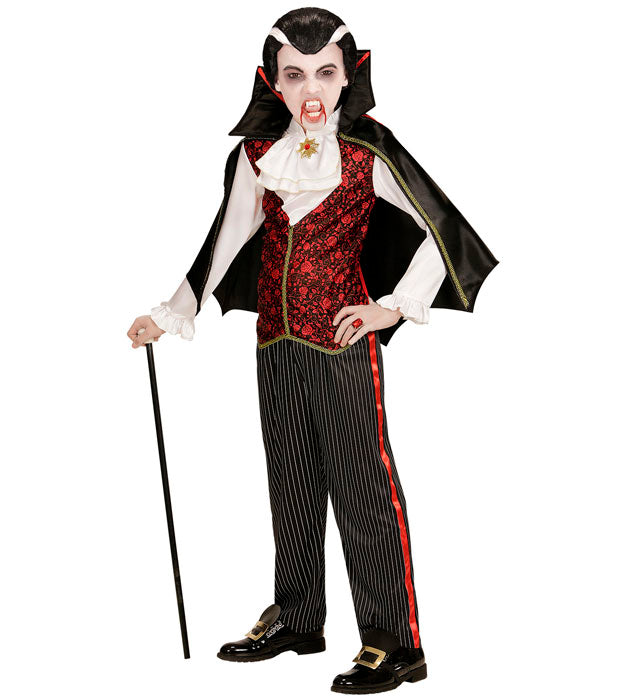 Vampir-Kostüm mit schwarzer Hose, Hemd, Weste und Umhang mit Jabot