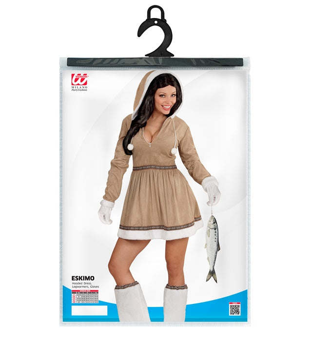 Eskimo-Kostüm mit Kapuze, Stulpen und Handschuhen in natürlichem Look