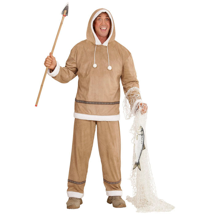 Eskimo-Kostüm mit Kapuzen-Oberteil und Hose auf weißem Hintergrund