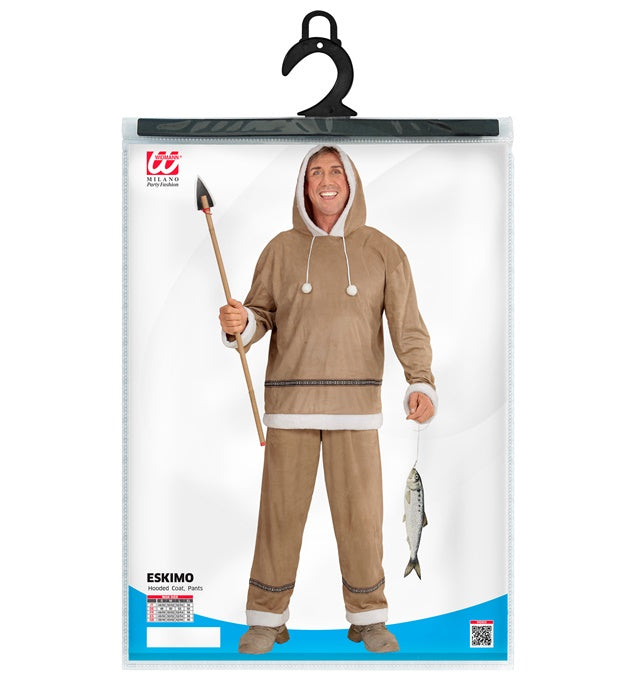 Eskimo-Kostüm mit Kapuzen-Oberteil und Hose auf weißem Hintergrund