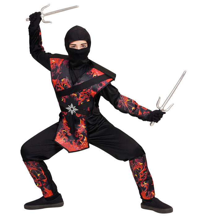 Drachenninja Fasnachtskostüm Overall mit Brustpanzer und Maske in Flammen-Design