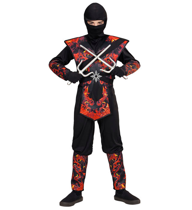 Drachenninja Fasnachtskostüm Overall mit Brustpanzer und Maske in Flammen-Design