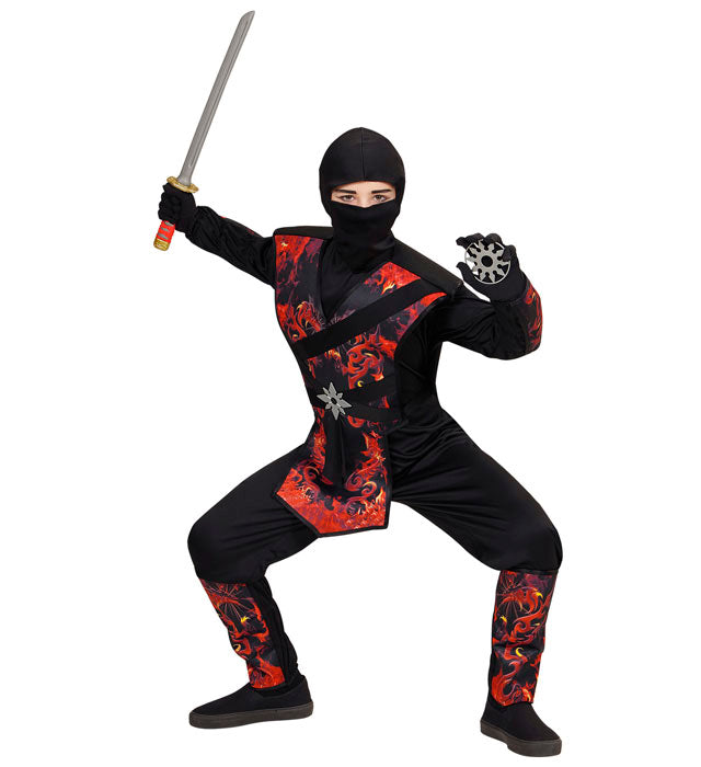 Drachenninja Fasnachtskostüm Overall mit Brustpanzer und Maske in Flammen-Design
