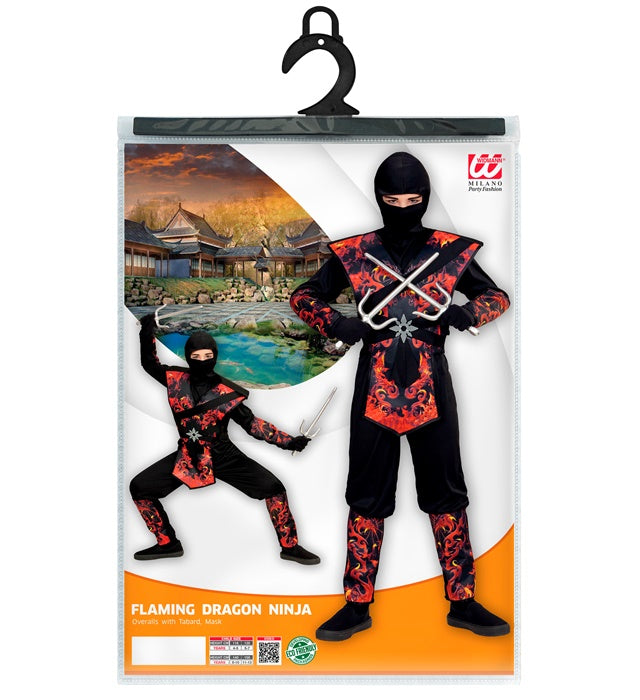 Drachenninja Fasnachtskostüm Overall mit Brustpanzer und Maske in Flammen-Design