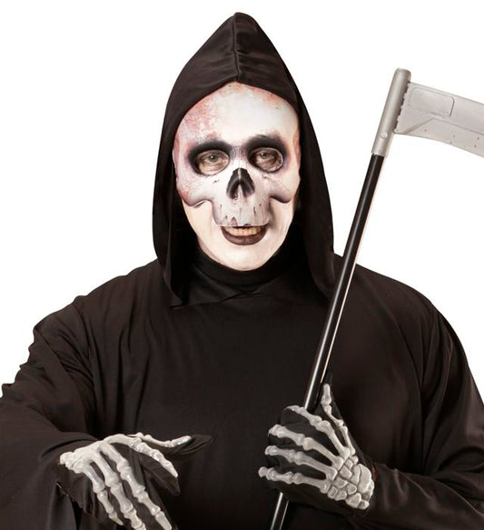 Skelettmaske ohne Kinn aus Stoff in weiss-schwarzem Design für Fasnacht und Halloween