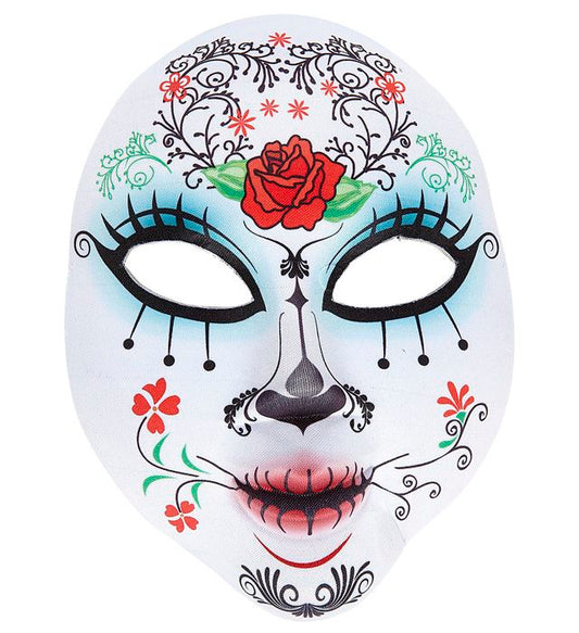 Halbmaske Dia de los Muertos aus Stoff mit buntem Totenkopf-Motiv
