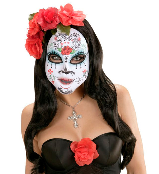 Halbmaske Dia de los Muertos aus Stoff mit buntem Totenkopf-Motiv