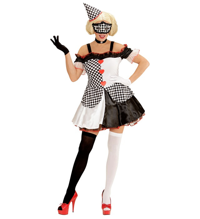 Pierrot Girl Damenkostüm mit schwarzem und weißem Kleid und passendem Hut