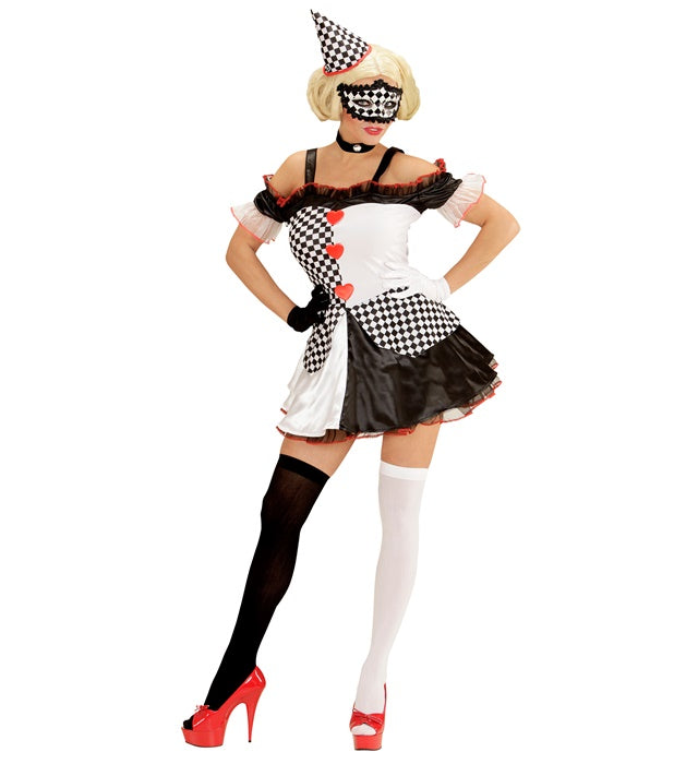 Pierrot Girl Damenkostüm mit schwarzem und weißem Kleid und passendem Hut