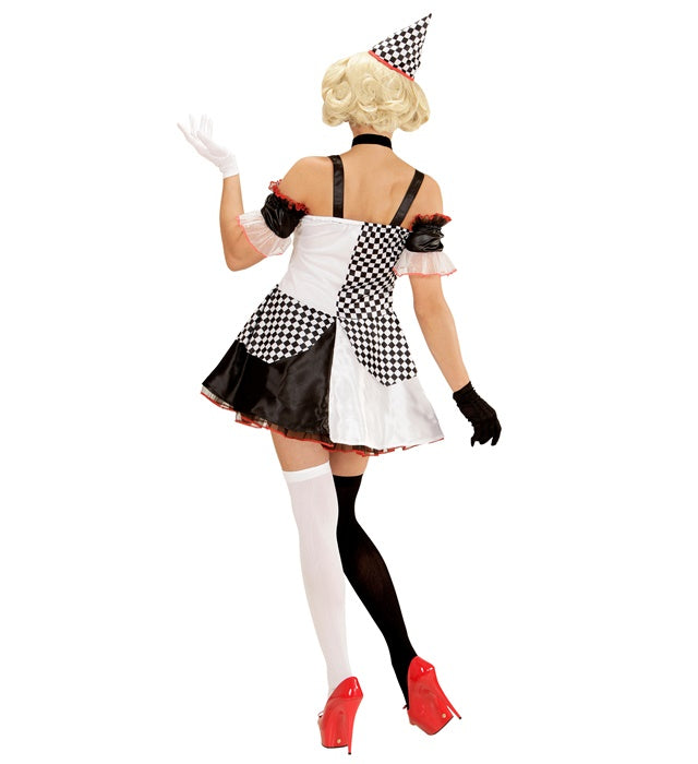 Pierrot Girl Damenkostüm mit schwarzem und weißem Kleid und passendem Hut