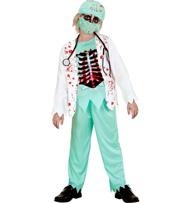 Zombie Doktor Kostüm mit blutiger Jacke, Rippen, Hose, Hut, Halbmaske und Stethoskop