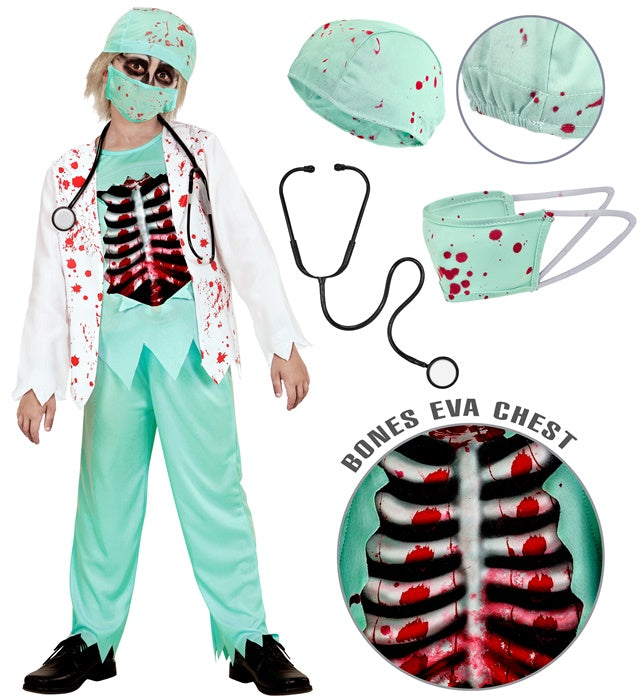 Zombie Doktor Kostüm mit blutiger Jacke, Rippen, Hose, Hut, Halbmaske und Stethoskop