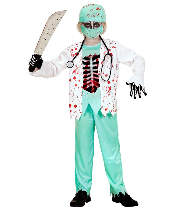 Zombie Doktor Kostüm mit blutiger Jacke, Rippen, Hose, Hut, Halbmaske und Stethoskop