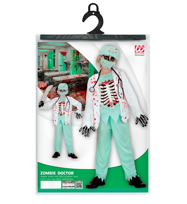 Zombie Doktor Kostüm mit blutiger Jacke, Rippen, Hose, Hut, Halbmaske und Stethoskop