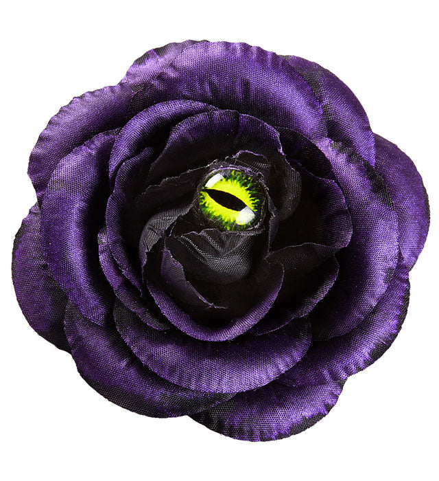 Haarspange mit violetter Rose und Katzenglas-Detail für Fasnacht und Halloween