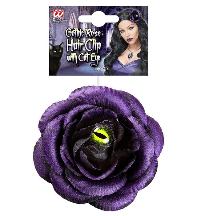 Haarspange mit violetter Rose und Katzenglas-Detail für Fasnacht und Halloween