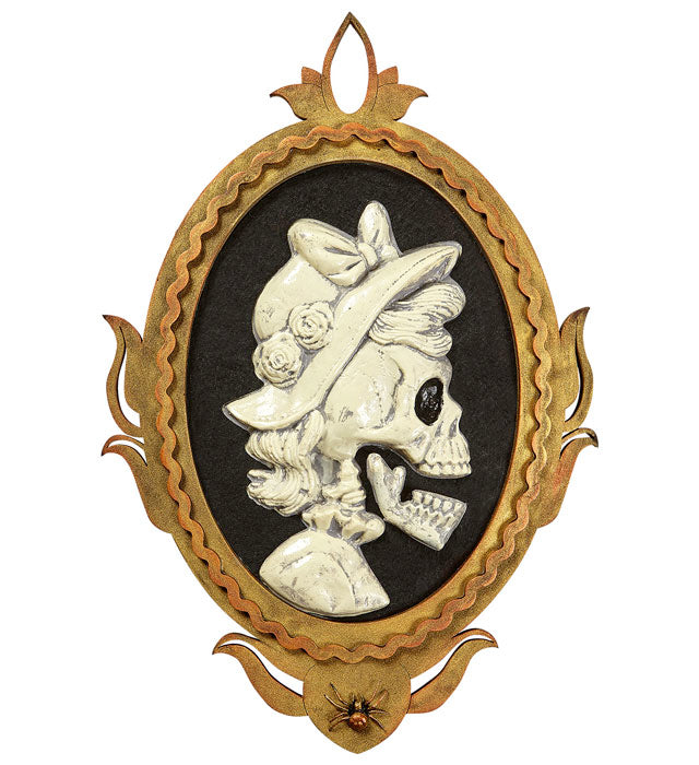 Totenkopf Lady Wandbild mit roten blinkenden Augen und beweglichem Mund