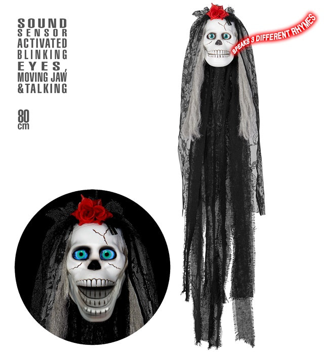 Sprechende Totenkopf-Braut Halloween-Dekoration mit blinkenden Augen und beweglichem Mund