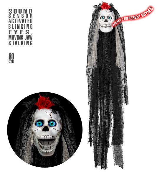 Sprechende Totenkopf-Braut Halloween-Dekoration mit blinkenden Augen und beweglichem Mund