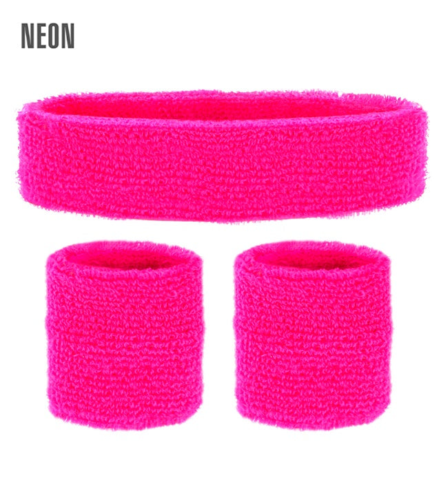 Neon pinkes Schweißband-Set mit Stirnband und zwei Armbändern