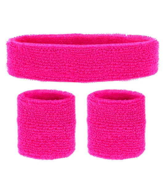 Neon pinkes Schweißband-Set mit Stirnband und zwei Armbändern