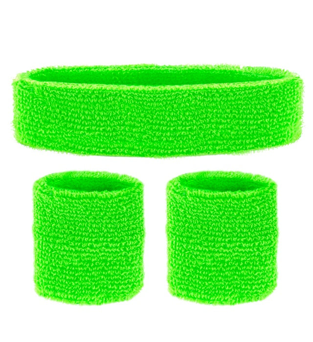 Neon grüne Schweißbänder bestehend aus Stirnband und zwei Armbändern