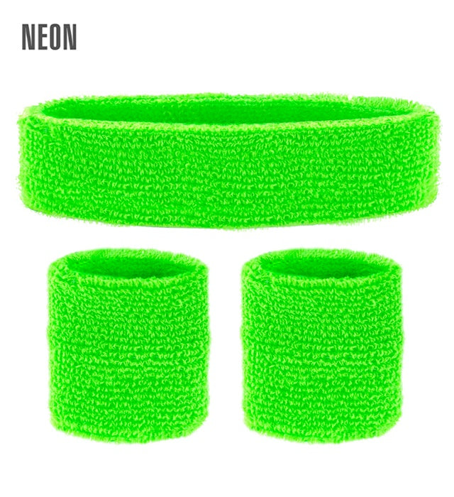 Neon grüne Schweißbänder bestehend aus Stirnband und zwei Armbändern