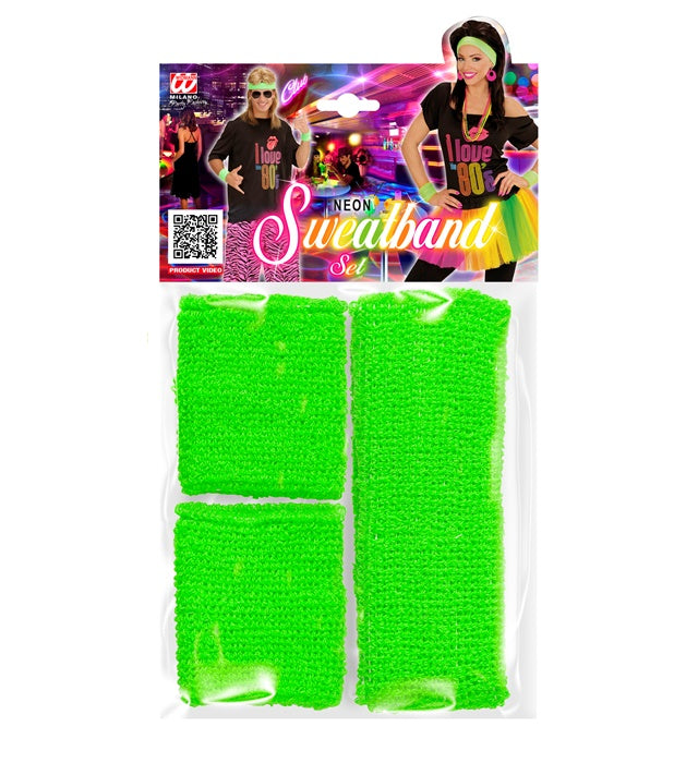 Neon grüne Schweißbänder bestehend aus Stirnband und zwei Armbändern