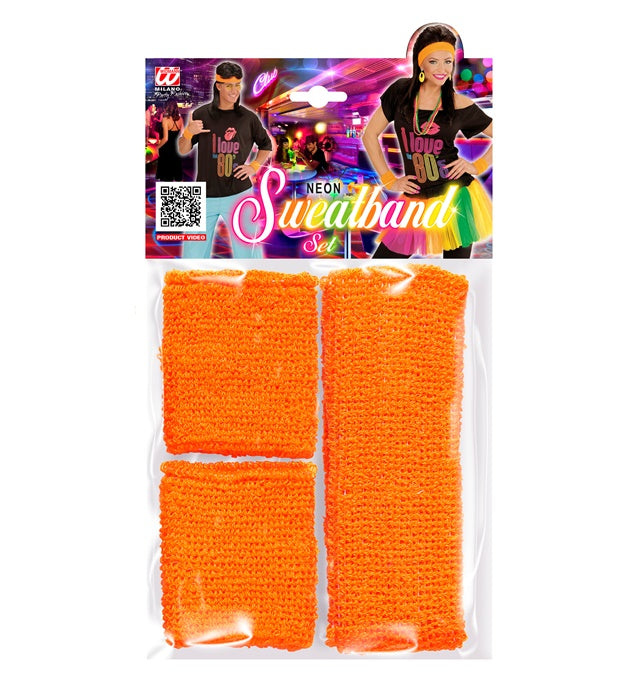 Neon orange Schweissbänder als Stirnband und Armbänder auf weissem Hintergrund