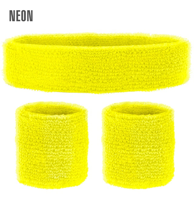 Neon gelbe Schweißbänder bestehend aus Stirnband und zwei Armbändern