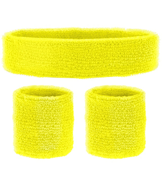 Neon gelbe Schweißbänder bestehend aus Stirnband und zwei Armbändern