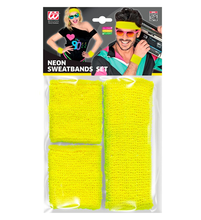 Neon gelbe Schweißbänder bestehend aus Stirnband und zwei Armbändern