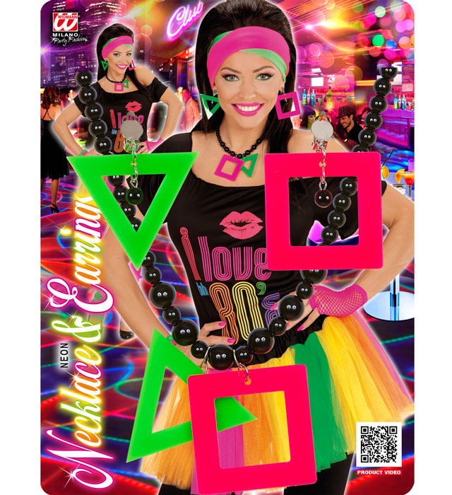Neonfarbene Kette mit passenden Ohrringen leuchtend bunt für Fasnacht
