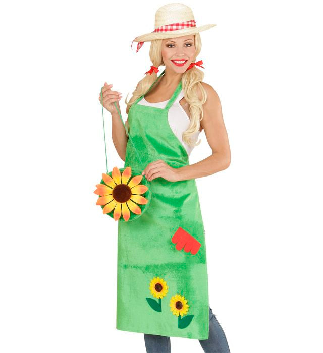 Schürze mit buntem Sonnenblumen-Motiv auf grünem Hintergrund