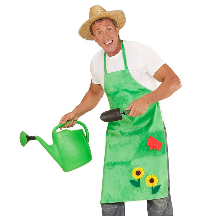 Schürze mit buntem Sonnenblumen-Motiv auf grünem Hintergrund