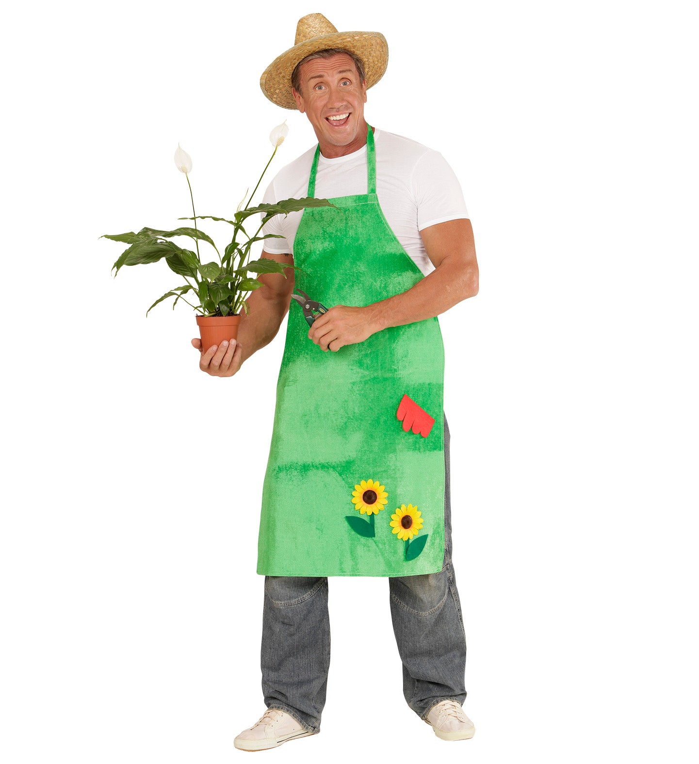 Schürze mit buntem Sonnenblumen-Motiv auf grünem Hintergrund