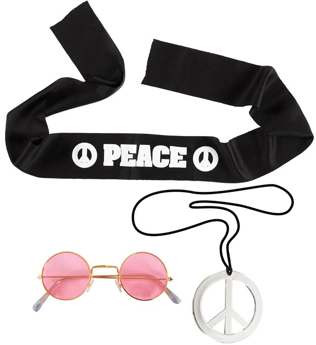 Hippie Set mit buntem Stirnband, runder Sonnenbrille und bunter Perlenkette