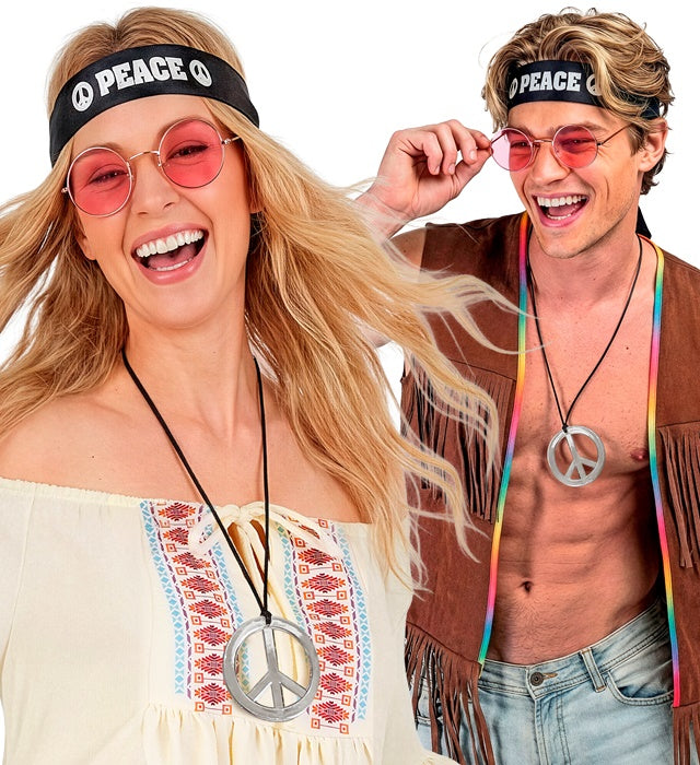 Hippie Set mit buntem Stirnband, runder Sonnenbrille und bunter Perlenkette